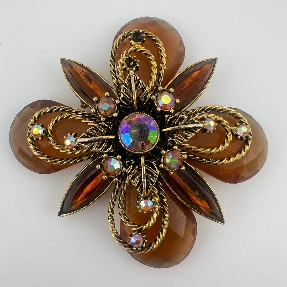 Vintage Amber Rhinestone Brooch Broken Missing Stones Repair Parts Craft